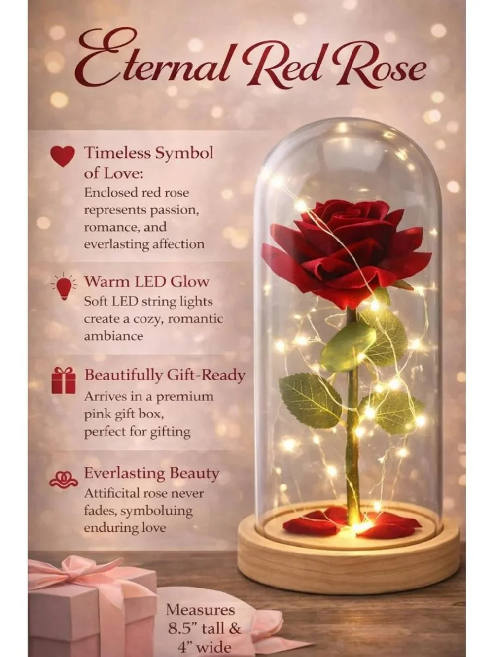 LED Light Up Red Rose in Glass Dome - Romantic Gift for Anniversary, Birthday